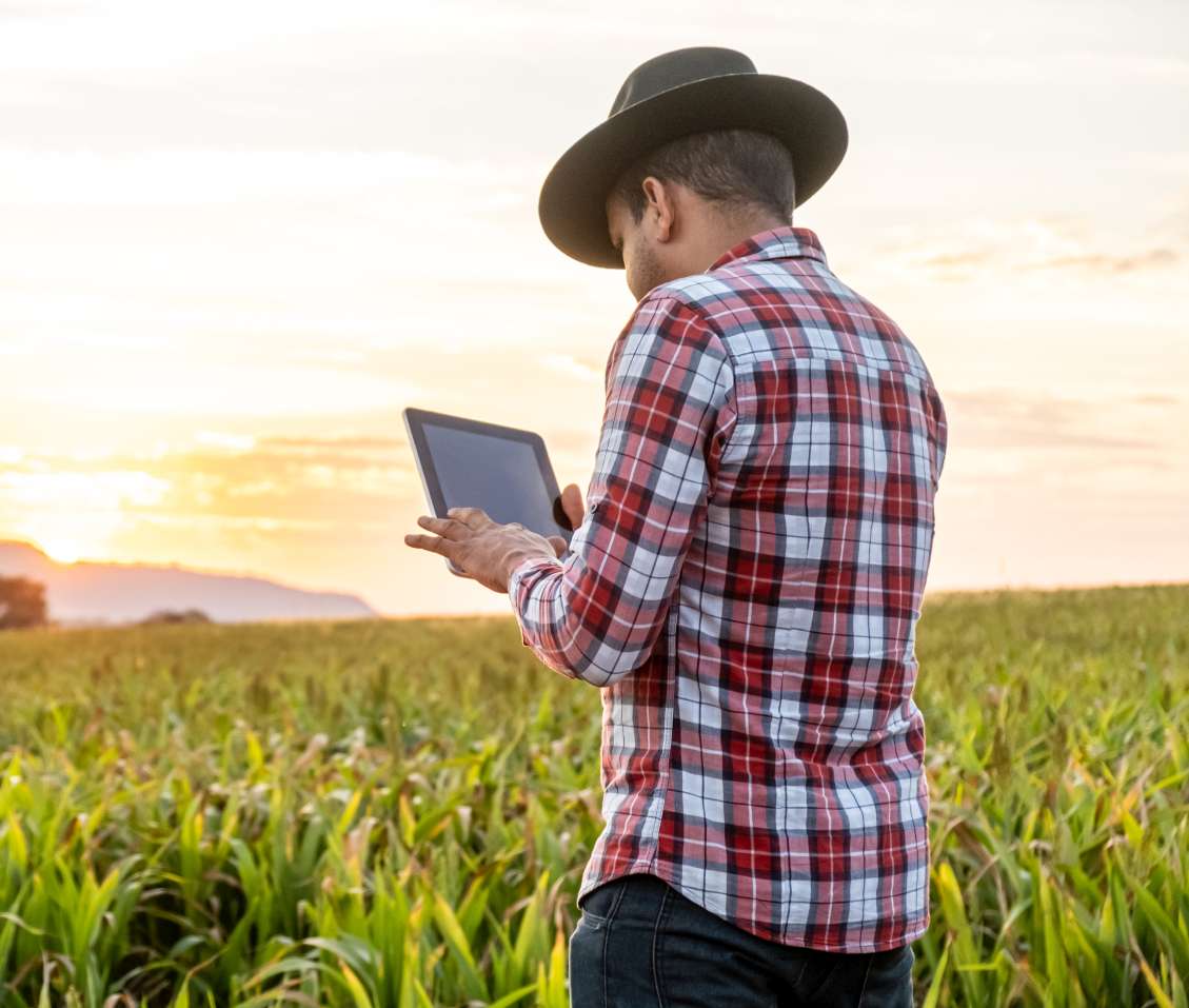 Farmer holding tablet in field with high speed business internet from White Cloud Networks